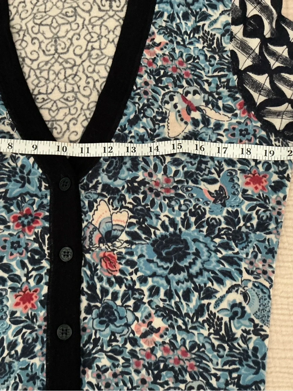 TORY BURCH Classic Blue Floral Mixed-Print V-Neck Cardigan Sz M